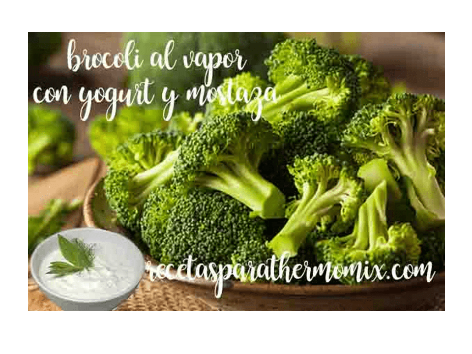 Steamed broccoli with yogurt and mustard sauce in thermomix