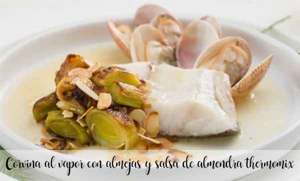 Steamed sea bass with clams and thermomix almond sauce