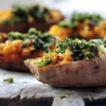 Sweet potato stuffed with goat cheese, herbs and artichokes with Thermomix
