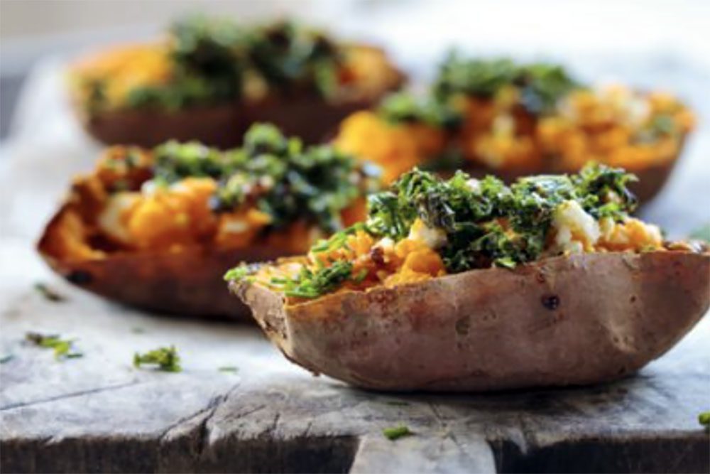 Sweet potato stuffed with goat cheese, herbs and artichokes with Thermomix
