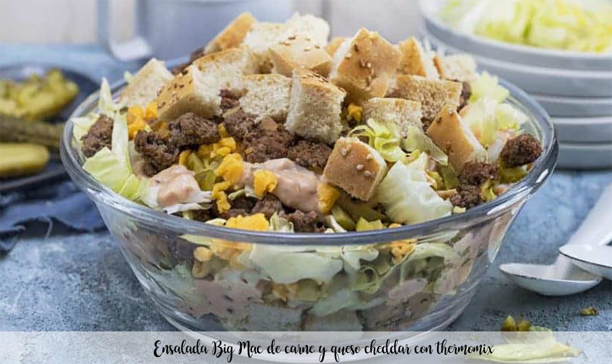 Big Mac salad with meat and cheddar cheese with thermomix