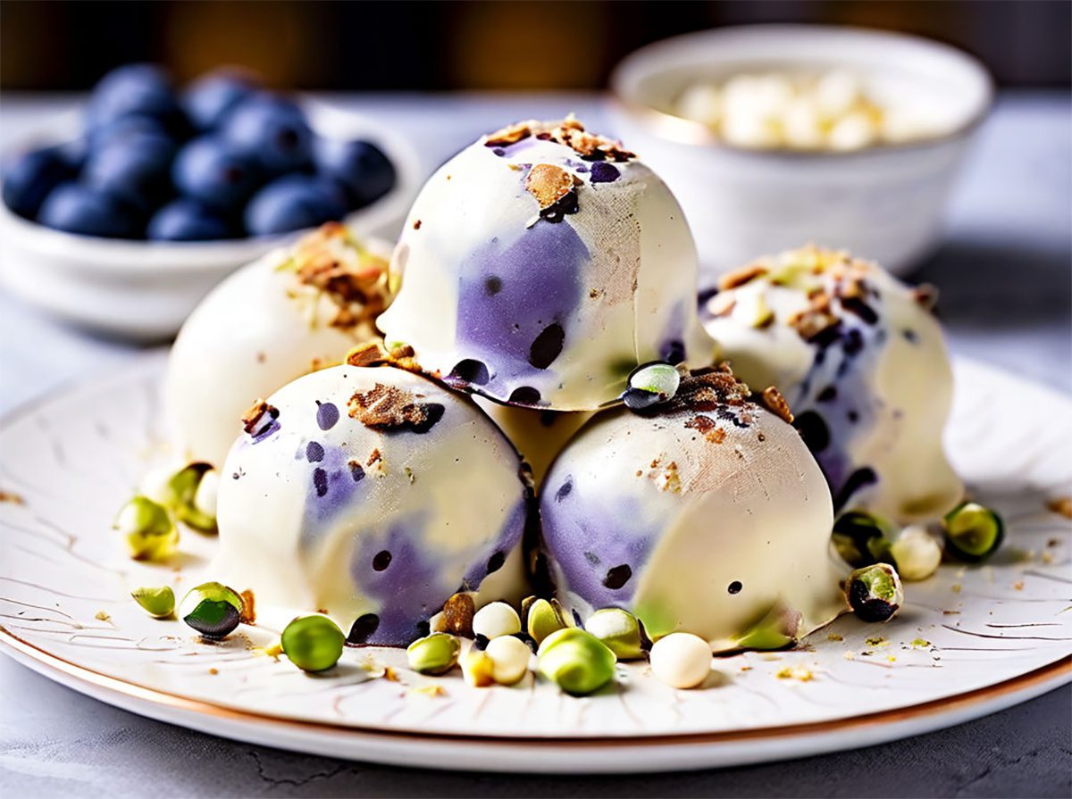 White chocolate truffles with blueberries and pistachios with thermomix
