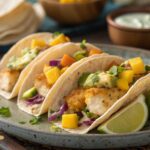 Crispy fish tacos with mango and avocado in air frying