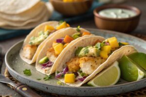 Crispy fish tacos with mango and avocado in air frying