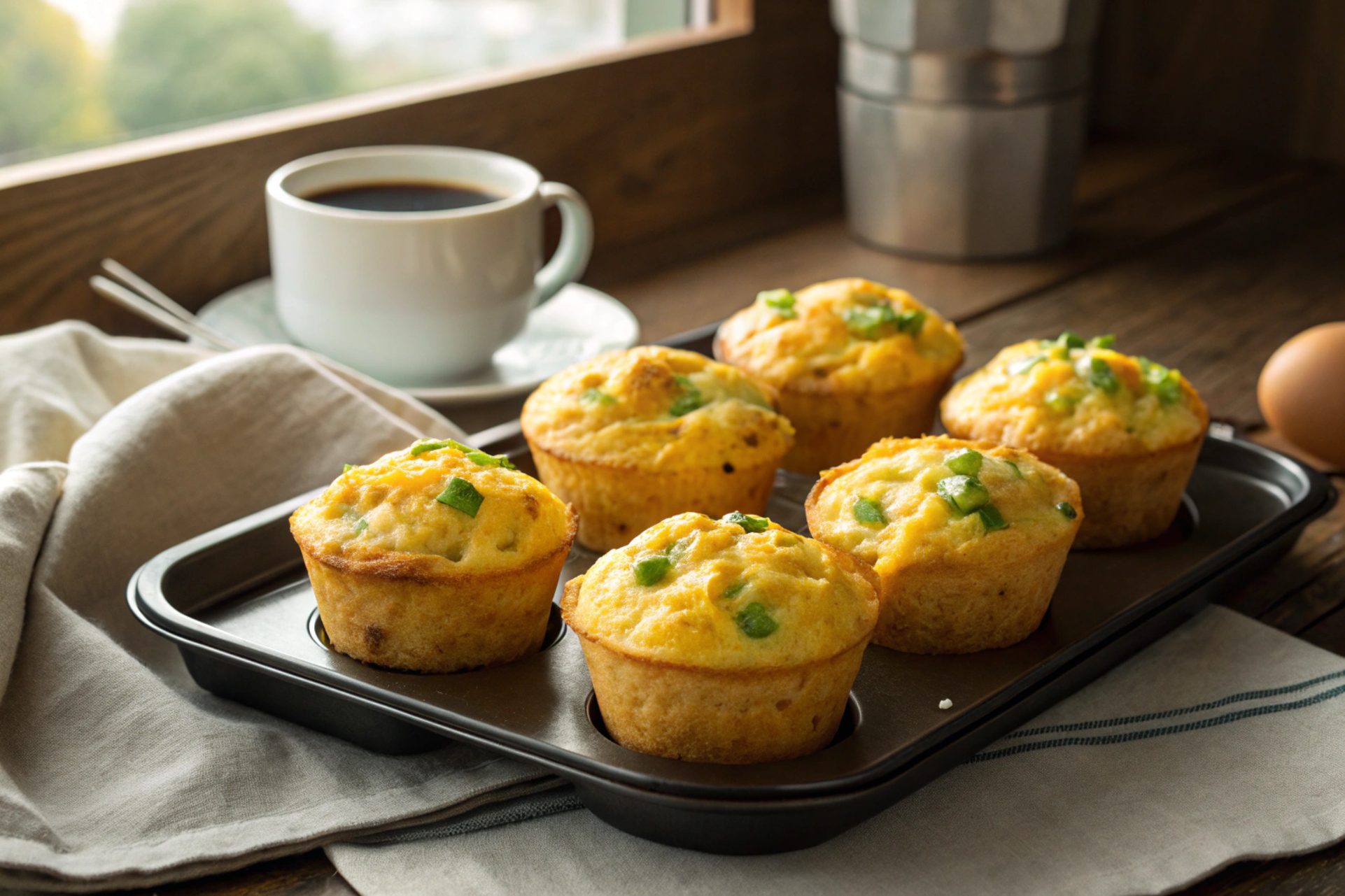 Muffins of toast with egg and green onion in air frying - Airfryer