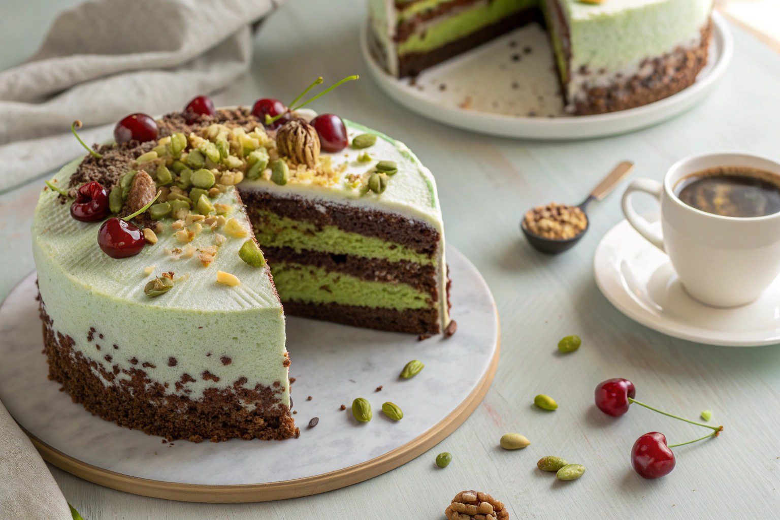 Coffee cake with pistachio and butter cream in air fryer