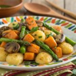 Crispy ñoquis with asparagus and mushrooms in air frying