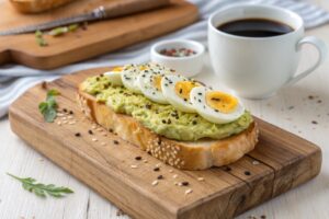 Avocado toast with hard eggs in air frying