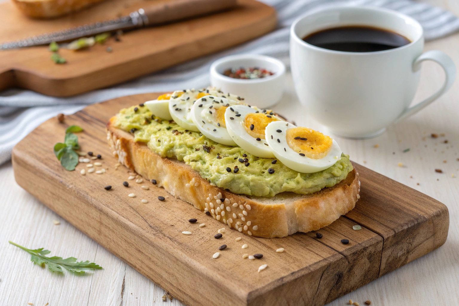 Avocado toast with hard eggs in air frying