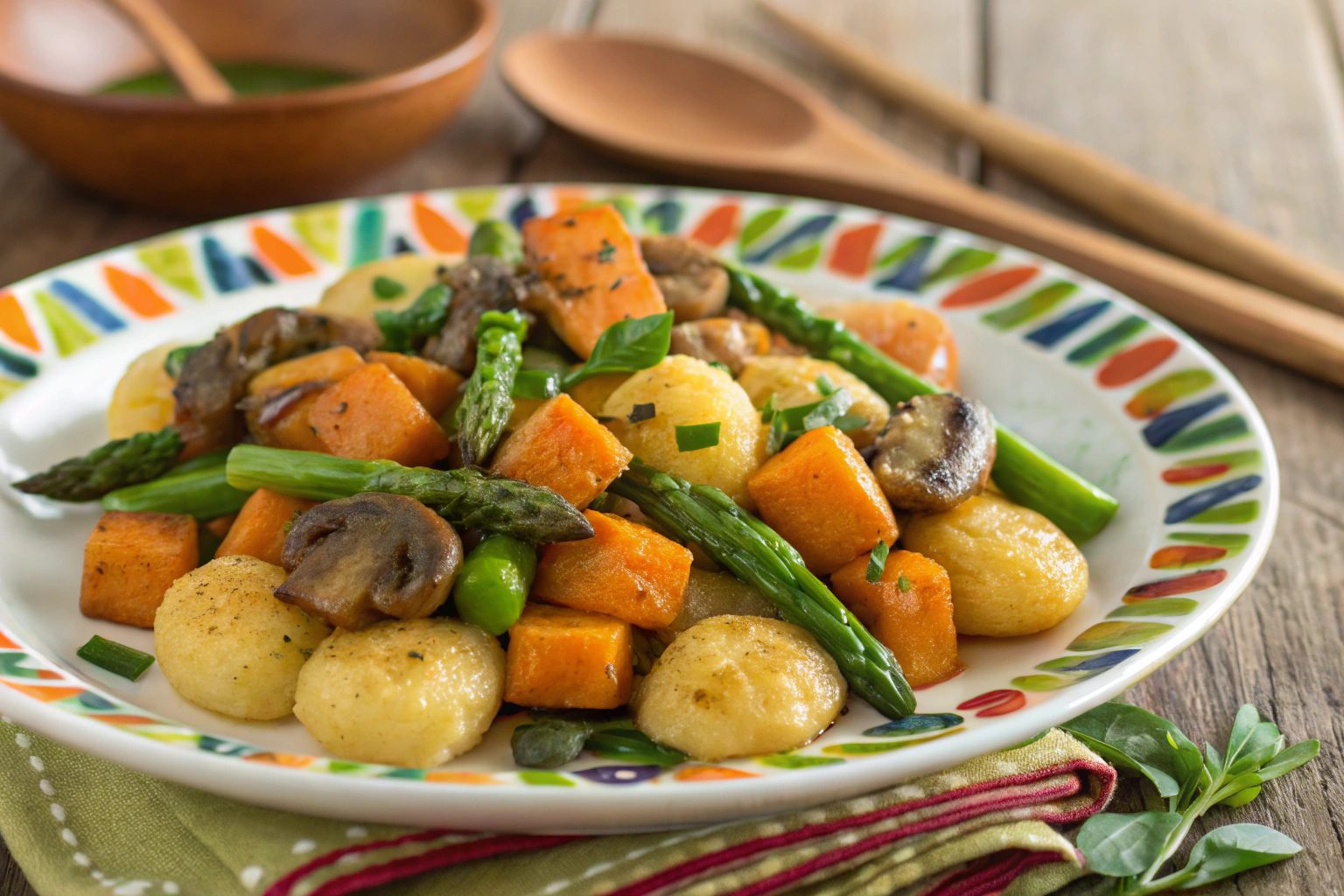 Crispy &ntilde;oquis with asparagus and mushrooms in air frying