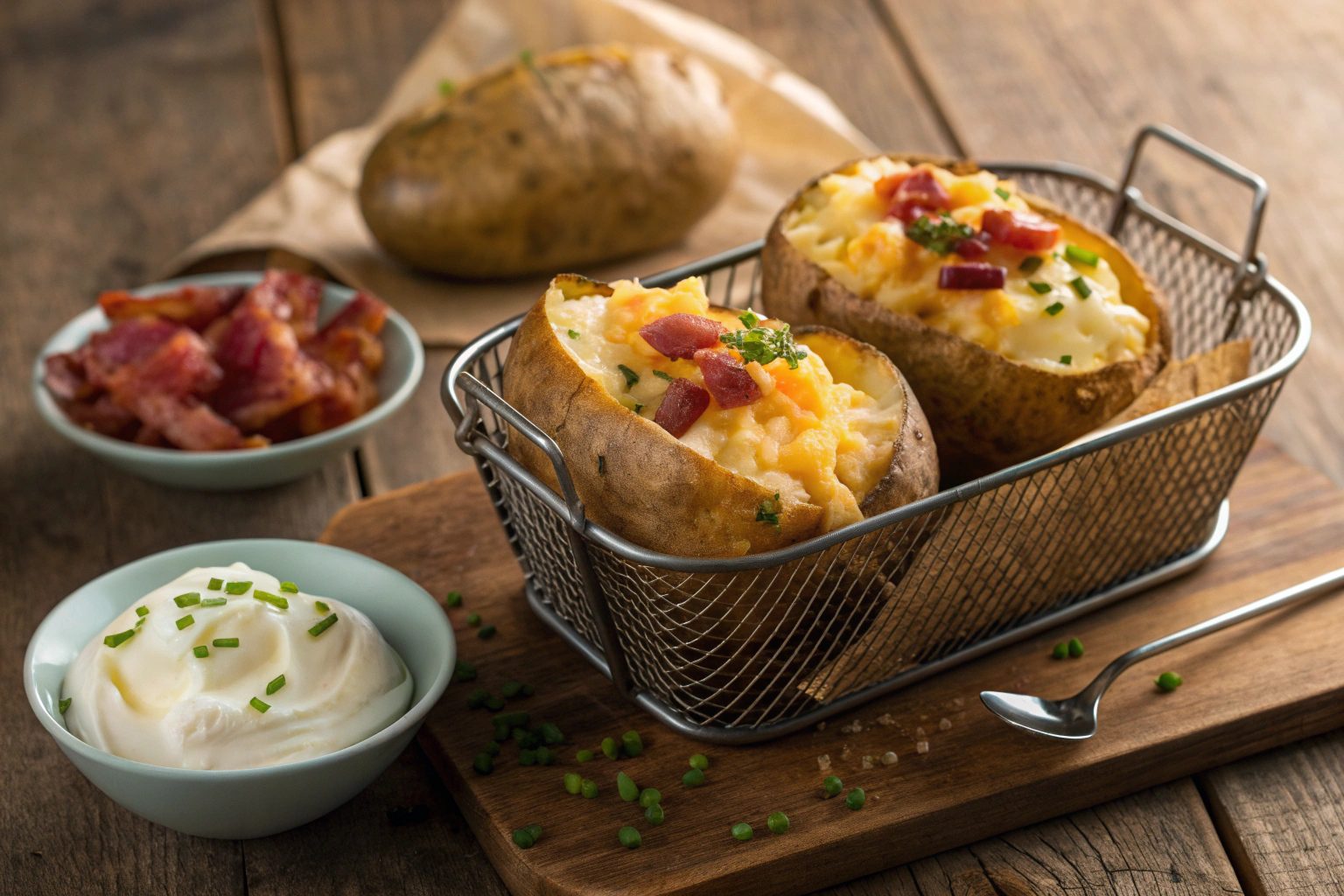 Air Fryer Stuffed Potatoes with Cheddar Onion and Bacon
