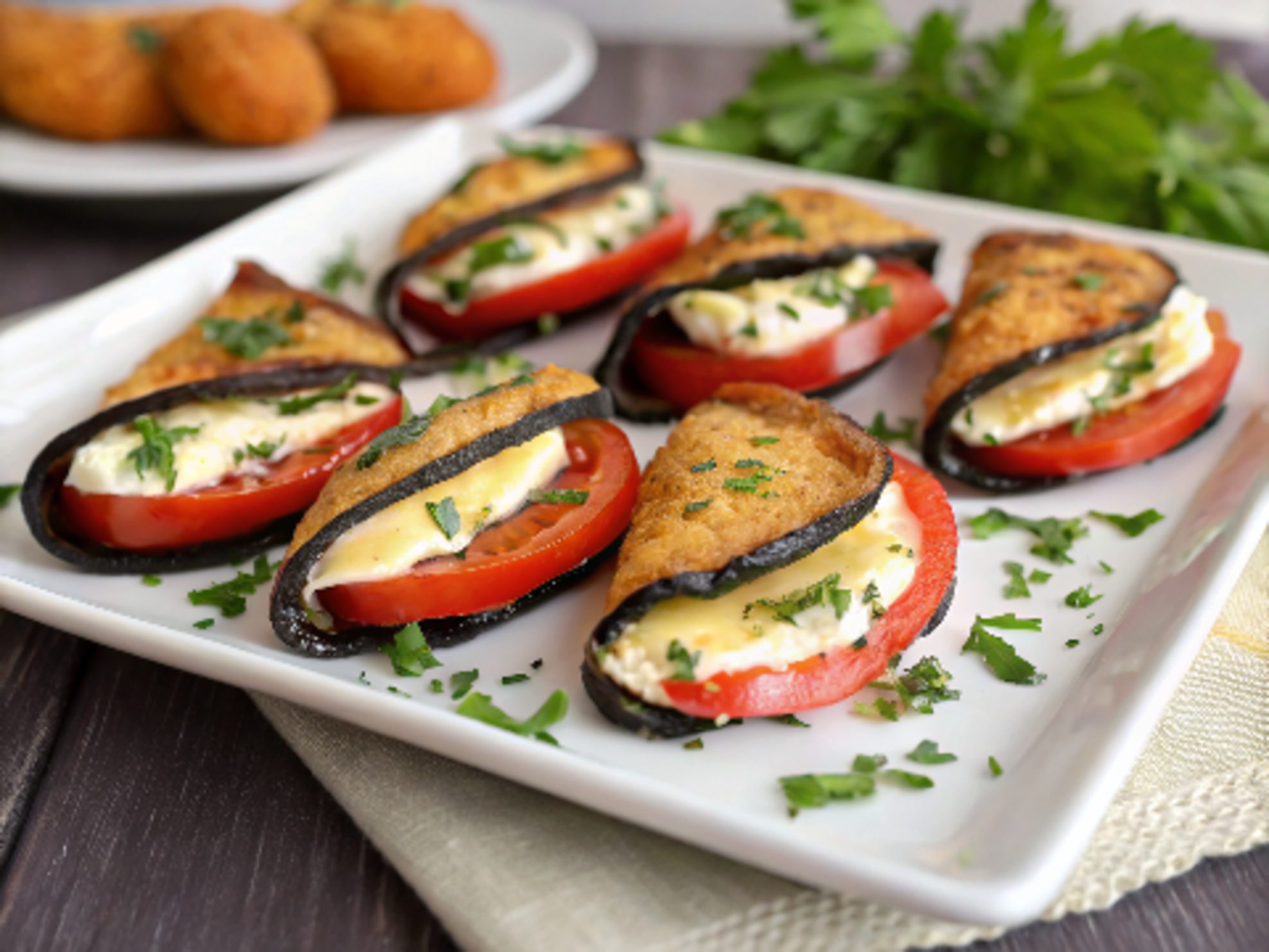 Eggplant slices stuffed with tomato and cream cheese in air fryer