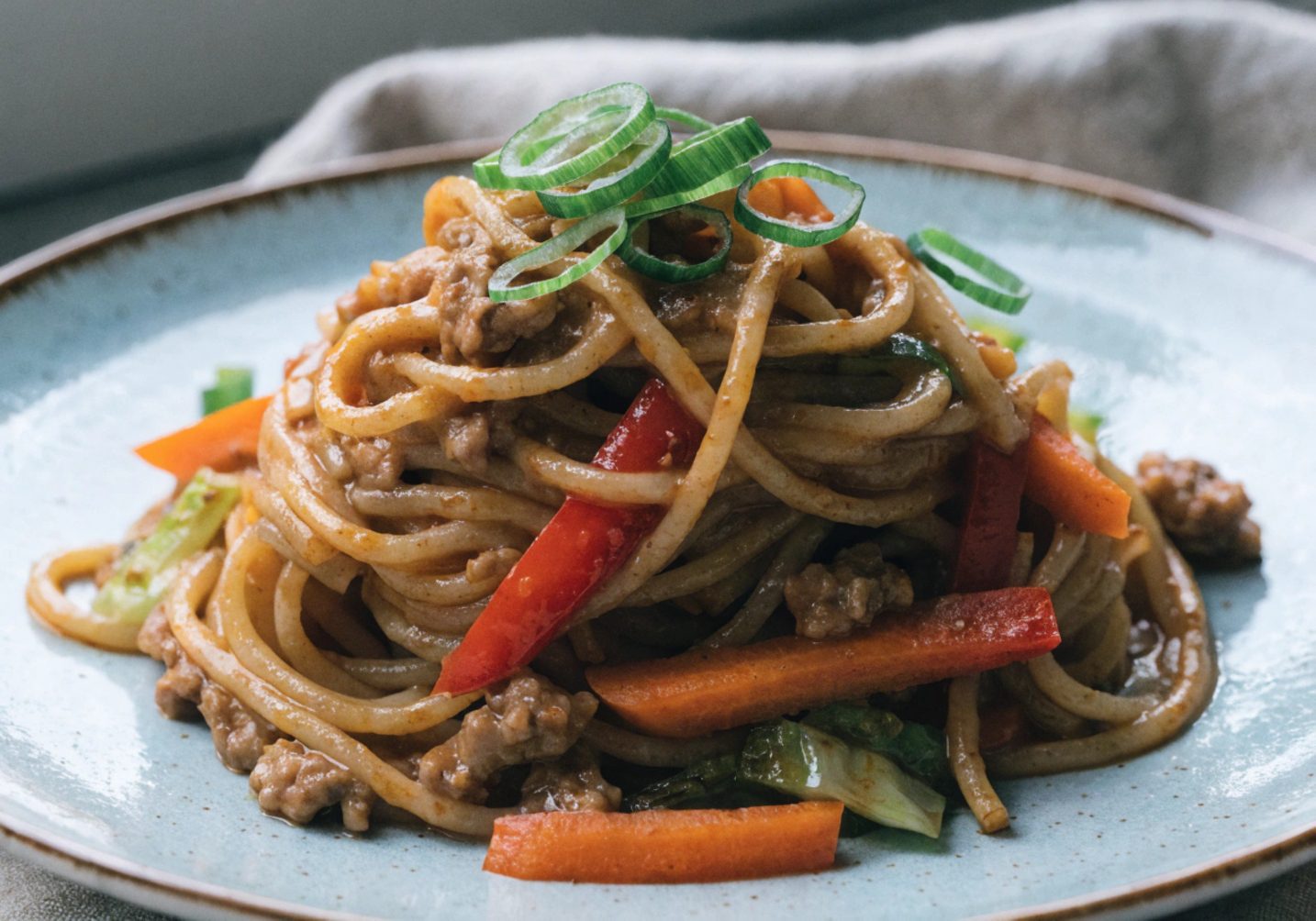 tallarines con carne picada y verduras. La pasta debe estar brillante, bien impregnada de la salsa color caramelo. Se deben distinguir claramente las tiras naranjas de zanahoria, las rojas de pimiento y las verdes de la col, mezcladas con los trocitos de carne dorada. Por encima, el plato está generosamente espolvoreado con aros finos de la parte verde de la cebolleta fresca. El fondo está ligeramente desenfocado (bokeh), mostrando una servilleta de lino de color neutro y evocando un ambiente de comida casera pero apetitosa, lista para comer. La luz debe ser natural, suave y difusa, resaltando los colores vibrantes de los ingredientes y el brillo jugoso de la salsa. El conjunto debe abrir el apetito al instante.