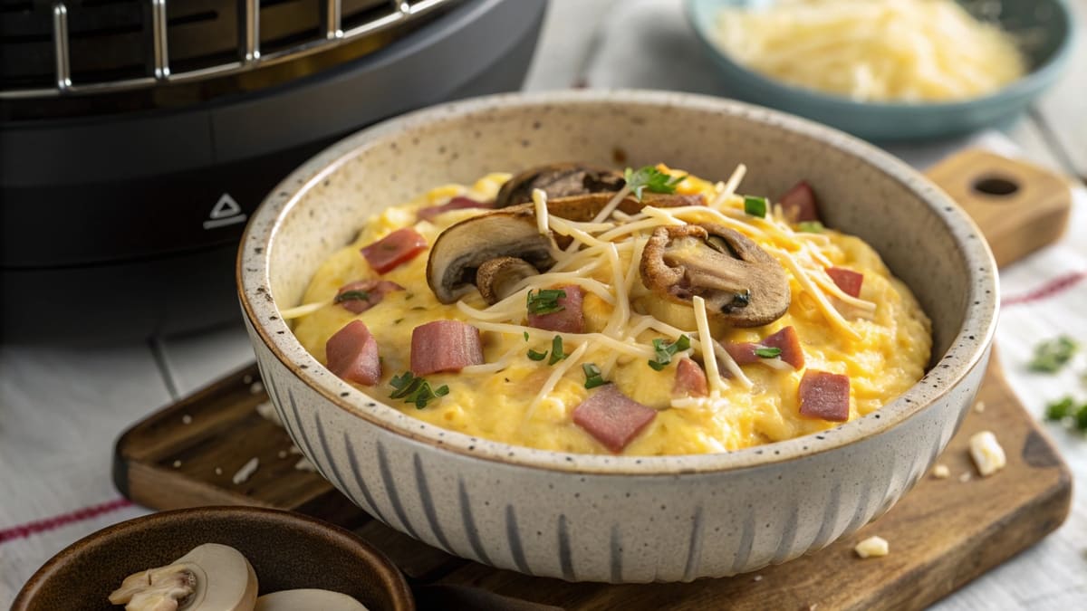 Scrambled Emmental mushrooms and turkey in Airfryer