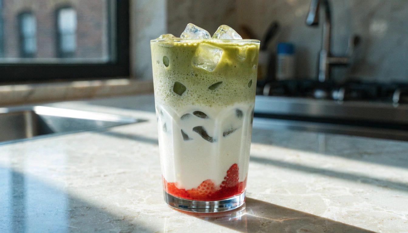 Iced Matcha Latte with strawberry puree in Thermomix