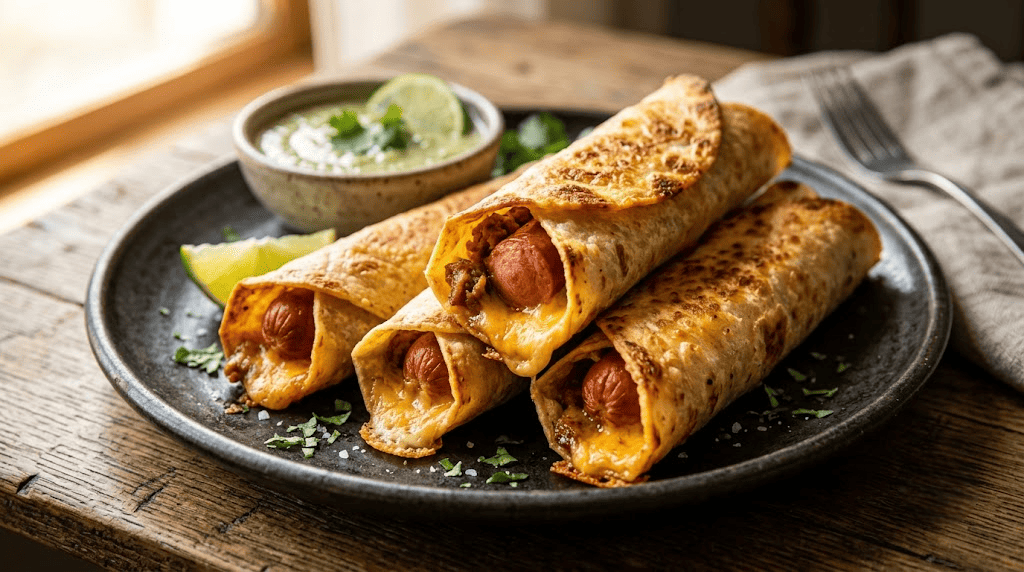 Hot dog taquitos with cheese in airfryer